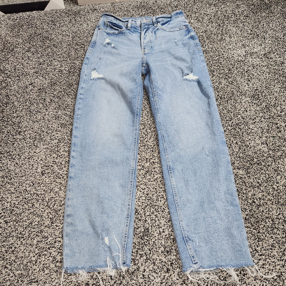 Old Navy Ex Hi Rise Sky-Hi Straight Button Fly ,Lightwash Destressed Frayed Sz 6